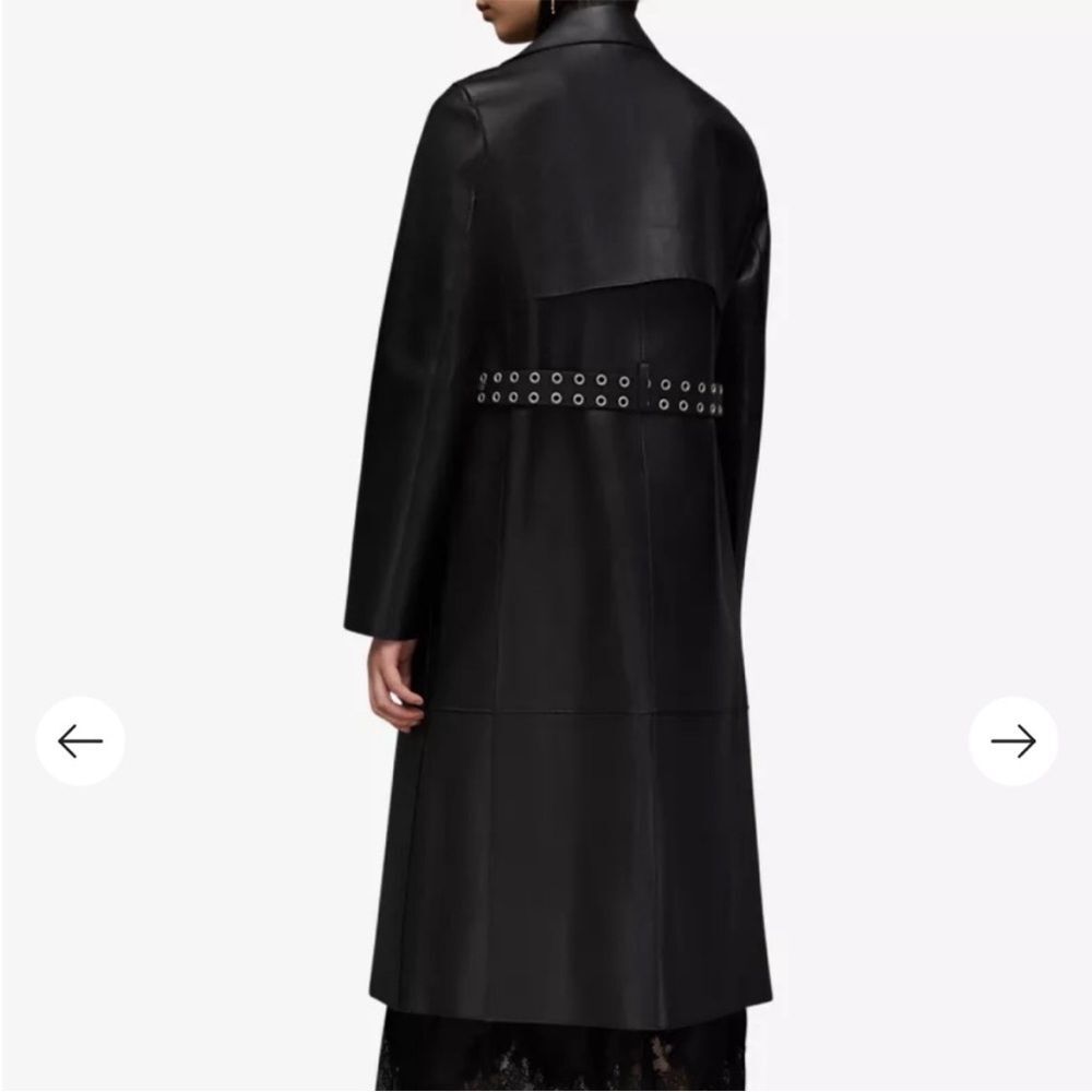 All Saints Farren Leather Belted Long Black Trench Coat Goth Grunge Moto 6 NEW - Picture 5 of 16